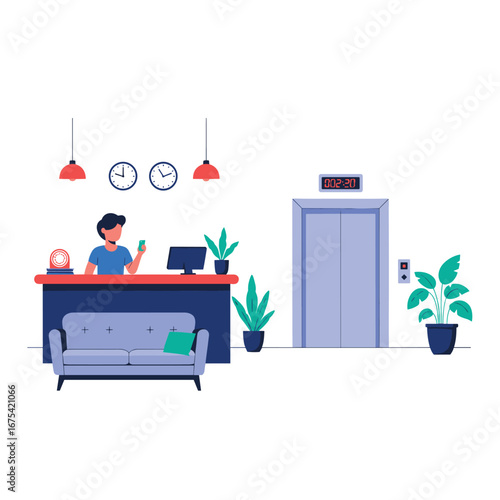 Modern hotel lobby interior with reception desk elevator and comfortable seating area