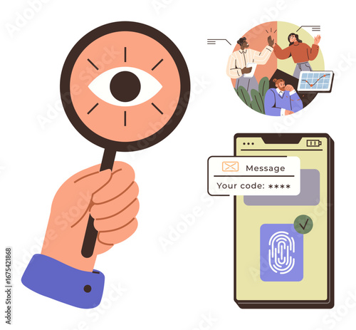 Magnifying glass with eye, smartphone with biometric scanner and code, group of people brainstorming. Ideal for data protection, teamwork, cybersecurity, privacy, access management, collaboration