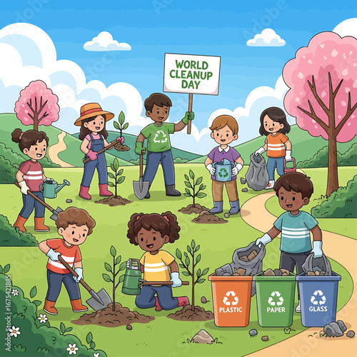 Cartoon-style design of children and adults planting trees and recycling together, celebrating World Cleanup Day