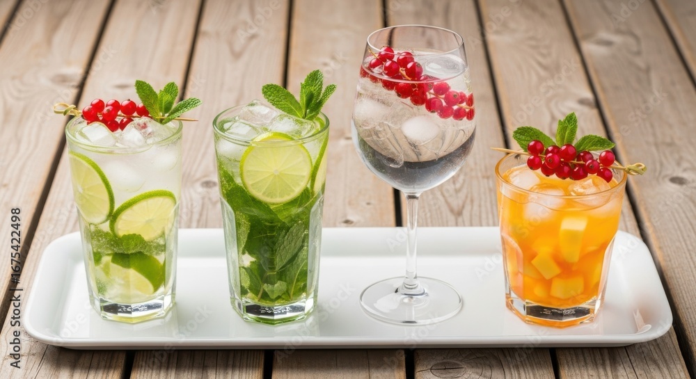 Fototapeta premium Four refreshing cocktails with mint, lime, and redcurrant on a wooden table