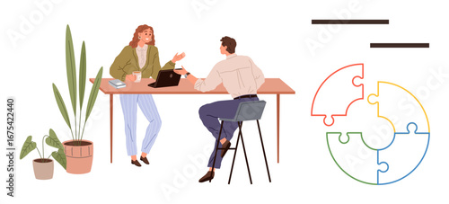 Two coworkers talking at a table with a laptop and coffee, surrounded by plants and a puzzle diagram. Ideal for teamwork, collaboration, communication, creativity, problem-solving, workplace goals