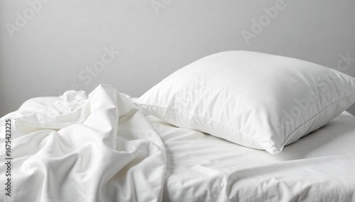 Serene image of a fluffy white pillow, perfectly crisp white sheets, and a soft, plush blanket, suggesting peaceful slumber and rest on a clean, white background , background, relaxation, comforting