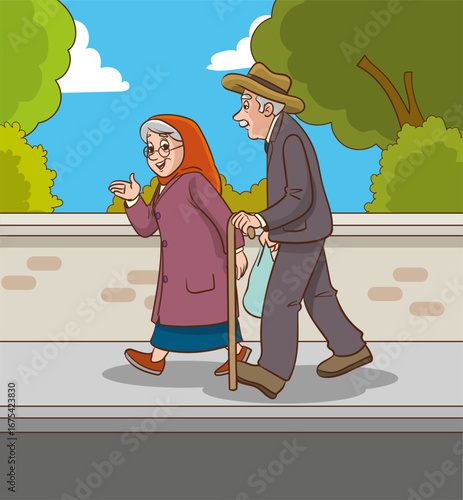Elderly couple walking together on the street, vector illustration. Lovely grandparents spending time outdoors. Elderly people enjoying the walk