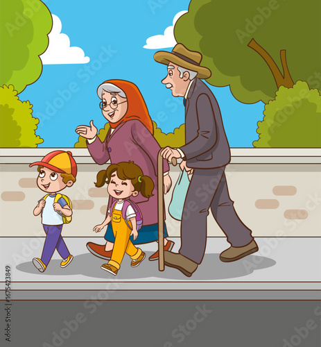 Big family walking together on the street vector illustration. Cute grandparents, parents and children spending time outdoors in isolation. Elderly people, adults and young relatives enjoying a walk.