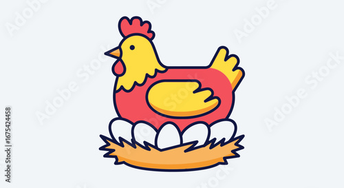 Cartoon Chicken Nesting on Eggs, Farm Animal Illustration for Children's Books and Educational Materials, Depicting Agriculture and Animal Husbandry Practices