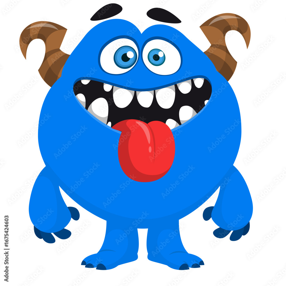 Fototapeta premium Cartoon cute monster with funny face expression waving hands. Halloween vector illustration 