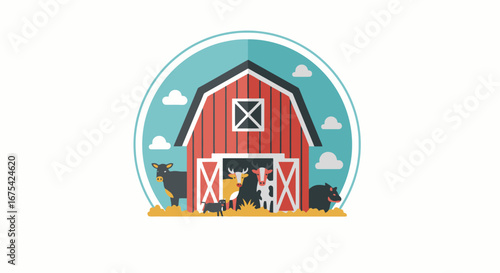Charming Rural Farm Scene Depicting a Classic Red Barn with Cows, Ideal for Children's Books, Educational Materials, and Agricultural Themed Designs.