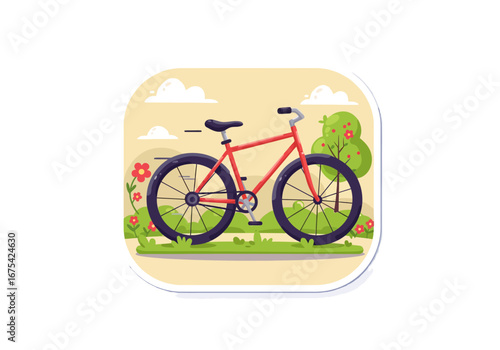 Red Bicycle Illustration with Flowers and Tree in a Park Setting.