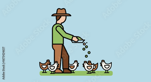 Farmer Feeding Chickens Illustration Depicting Agricultural Life, Ideal for Educational Materials, Farming Publications, or Promoting Sustainable Agriculture Practices