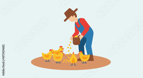 Farmer Feeding Chickens Flat Vector Illustration for Agricultural Education, Sustainable Farming Practices, and Children's Educational Content