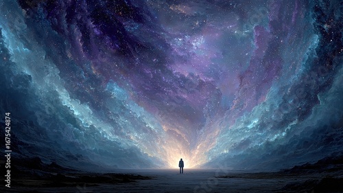 Surreal Cosmic Landscape with Silhouette