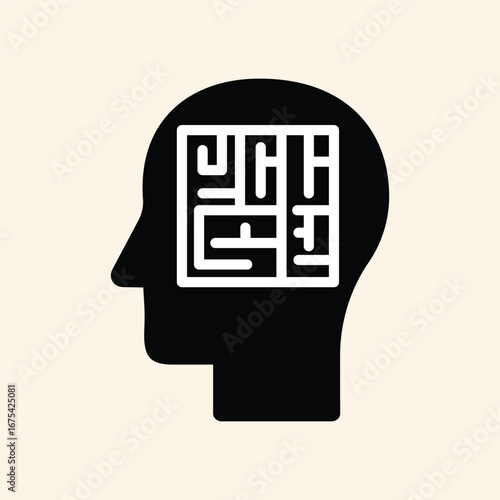 Navigating complex thoughts with a mental maze inside a silhouette head, symbolizing problem-solving.