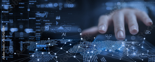 Data anlytics, AI and database management technology with global internet network connection. Connecting with cloud server and data center, technology background. data science and engineering