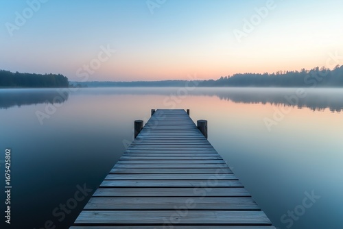 Wallpaper Mural Scenic wooden pier leading into calm lake at sunrise with soft morning mist. Peaceful and tranquil landscape symbolizing serenity, mindfulness and harmony with nature. Torontodigital.ca