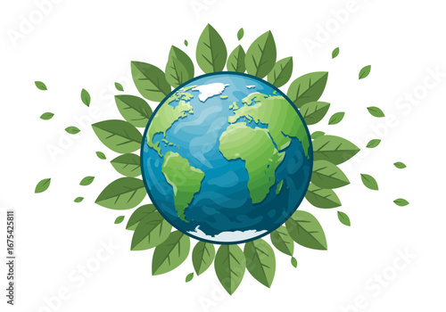 Earth Globe Surrounded by Green Leaves Illustration.