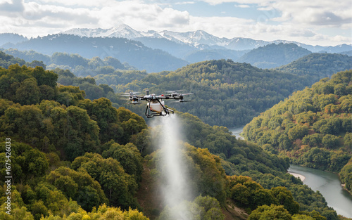 Photography Agricuture drone spraying in forest