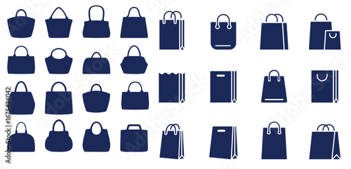 Set of shopping bag icons black color and flat style isolated on white background. Vector illustration