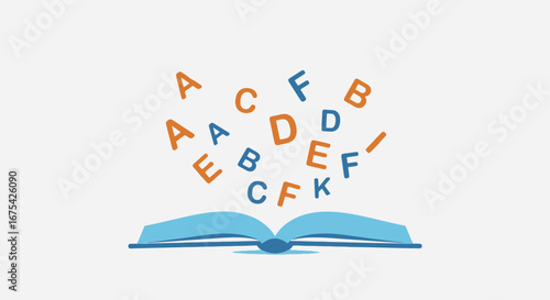 Open book with flying letters illustration ideal for educational content, literacy campaigns, language learning resources, or children's literature promotion