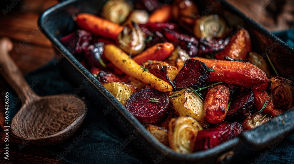 Fototapeta premium Cozy scene with oven-roasted root vegetables in charcoal enamelware, rustic spoon, top-down