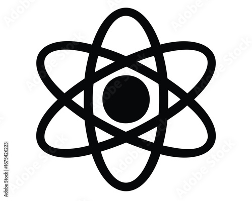 Minimalist black and white atom symbol representing science and technology