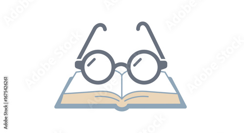 Open book topped with eye glasses illustration, ideal for educational content, literacy programs, promoting reading habits, or educational resources