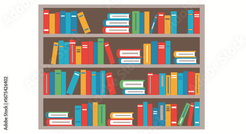 Colorful Bookshelf Illustration Featuring Varied Book Sizes and Colors for Educational Resources, Library Design, or Backgrounds for Learning and Reading Projects