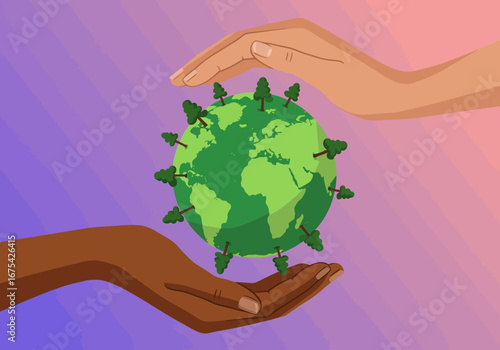 Illustrated Earth Globe with Trees Held by Diverse Hands.