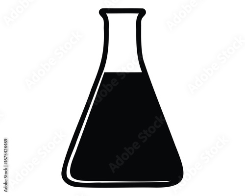 Black and white Erlenmeyer flask containing liquid for lab or chemistry
