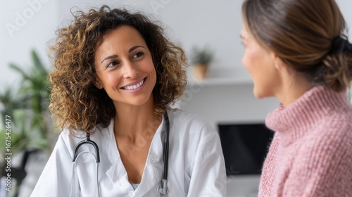 Doctor in white coat talking to patient in clinic medical care and empathy 