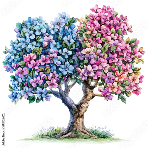 watercolor of Blooming Apple Orchard Trees, vector, isolated on a white background.