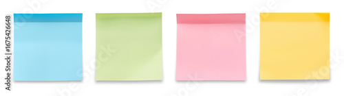 Set of four blank colorful sticky notes in blue, green, pink and yellow colors isolated on transparent background