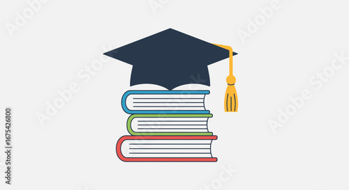Graduation Cap and Stacked Books Illustration Symbolizing Academic Achievement and Knowledge Acquisition. Suitable for educational materials, graduation announcements, or academic publications.