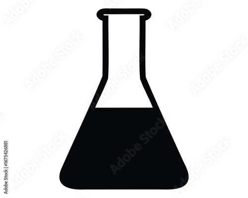 Erlenmeyer flask with dark liquid contents in minimalist black and white style
