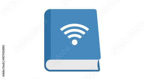 Blue Book Icon with Wi-Fi Symbol Representing Wireless Connection Tutorials and Digital Learning Resources for Online Educational Platforms.