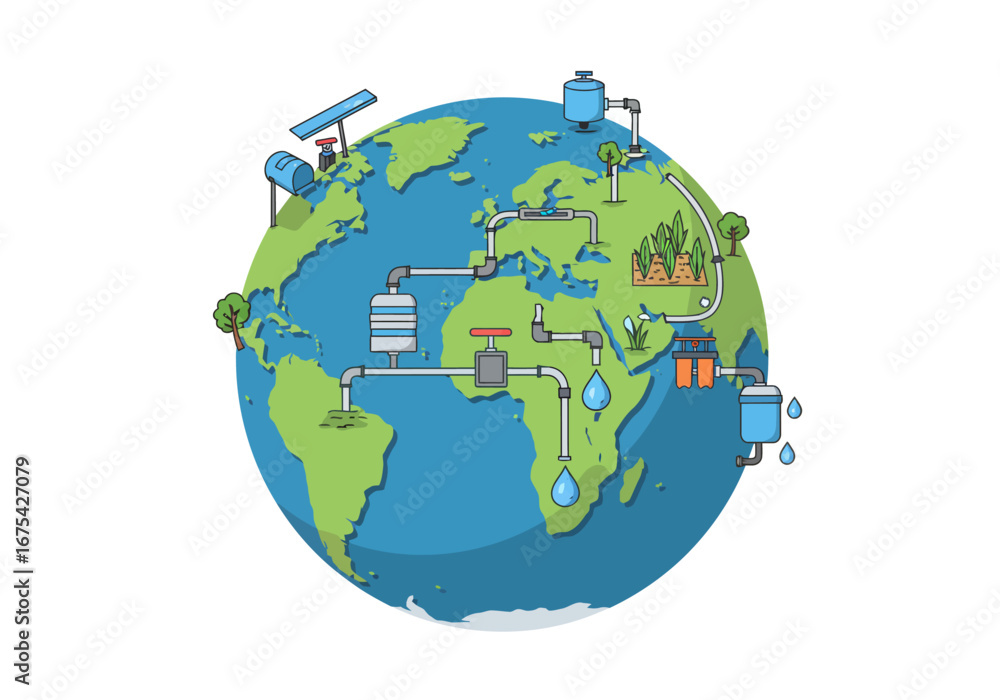 Naklejka premium Global Water System Illustration with Pipes and Reservoirs.