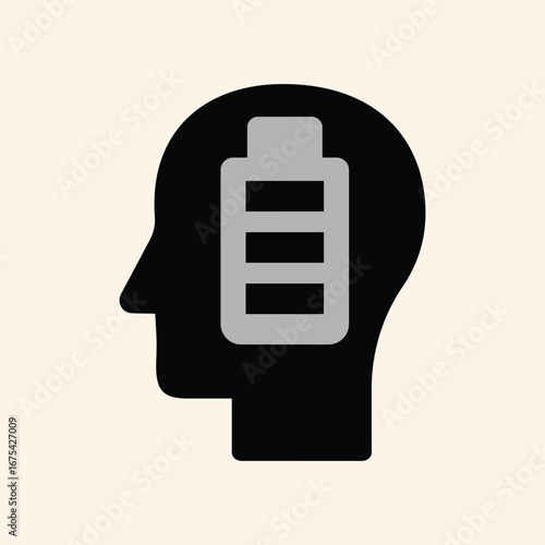 Mind power battery low charge representing mental fatigue or burnout in modern concept