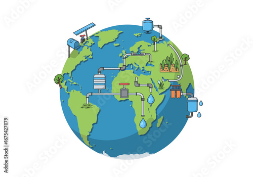 Global Water System Illustration with Pipes and Reservoirs.