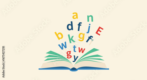 Colorful Letters Flying Out of an Open Book Illustration for Educational Materials, Learning Resources, or Children's Literature Projects