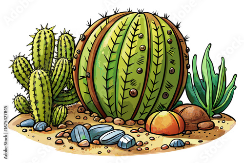 Golden barrel cactus isolated on white background, round desert plant with sharp spines, botanical art sketch