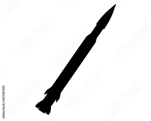 Black silhouette of a sleek missile against a bright white background