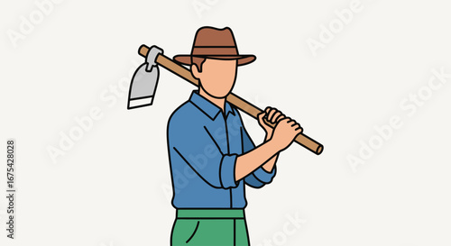Farmer with Hoe Illustration for Agriculture Education, Sustainable Farming Practices, and Agricultural Awareness Campaigns Depicting Traditional Farming Methods