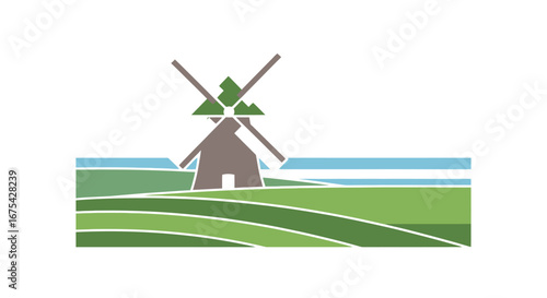 Serene Rural Landscape Illustration with a Windmill and Green Fields for Eco-Friendly Initiatives and Sustainable Farming Practices