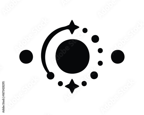 Stylized depiction of a solar system with stars and planetary movement