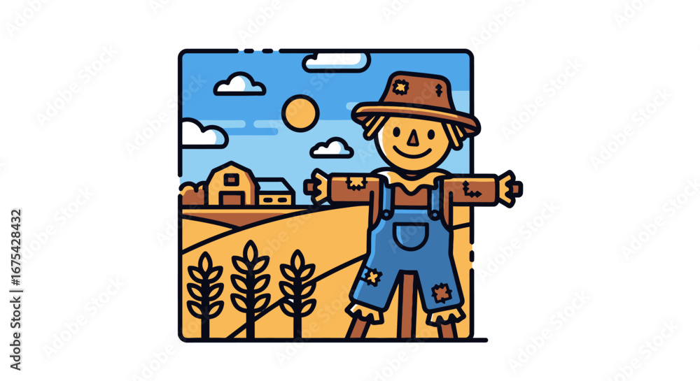 Naklejka premium Charming Countryside Illustration Featuring a Scarecrow in a Wheat Field, Ideal for Children's Books, Farm-Themed Designs, and Autumnal Decorations