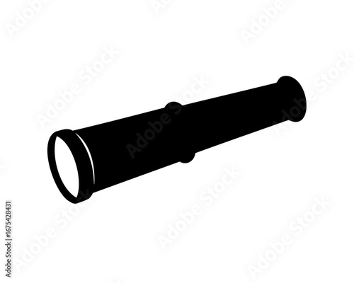Black silhouette of a traditional telescope or spyglass on white background