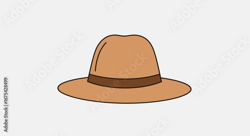 Simple Cartoon Illustration of a Brown Fedora Hat with Dark Brown Band for Fashion Accessories and Apparel Design Projects