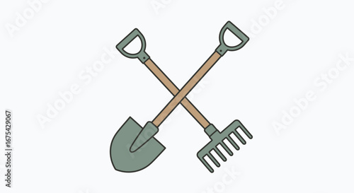 Crossed Shovel and Rake Illustration for Gardening, Agriculture, and Outdoor Projects, Suitable for Farm, Garden, or Horticultural Design