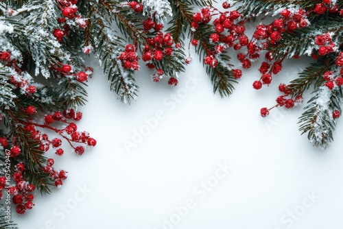 Christmas greenery border with red berries and snow