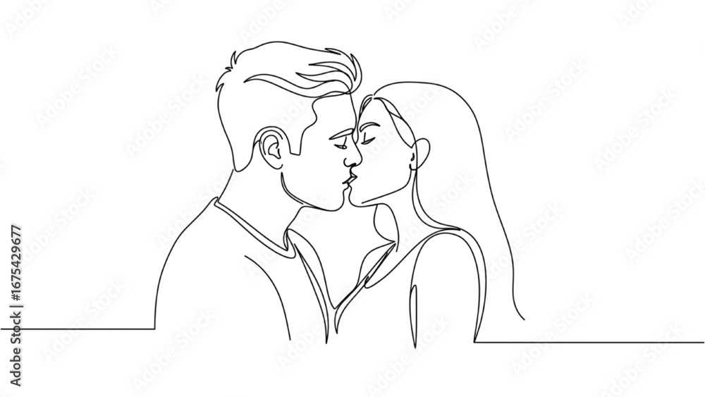 Fototapeta premium Continuous Line Art of Young Couple's Lip Kiss – Minimalist Love Illustration