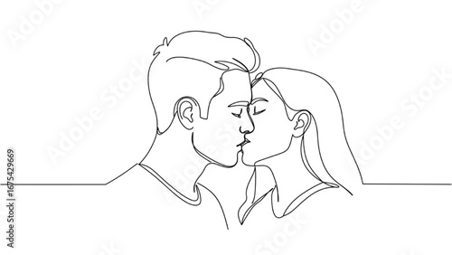 Continuous Line Drawing of a Young Couple Sharing a Romantic Kiss, Minimalist Vector Illustration